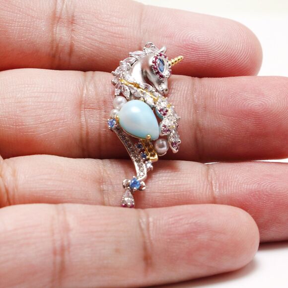 925 Sterling Silver UNICORN NECKLACE, LARIMAR Necklace, Unique Larimar Necklace - Picture 3 of 10